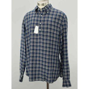 EIDOS Napoli Blue Plaid Half Button Long Sleeve Pullover Linen Shirt Size 42 NWT